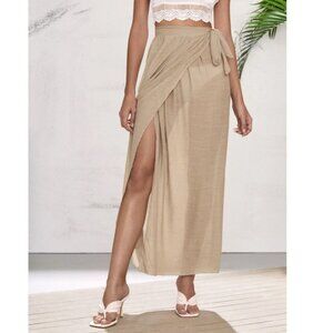 New Cover up skirt with crossover side drawstring, Summer, Beige.